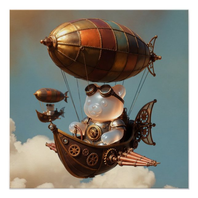 Steampunk Gummy Bear Pilot in Fantasy Airship Poster (Front)