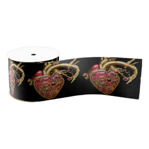 Steampunk Heart Anatomical Rubies and Gears Grosgrain Ribbon