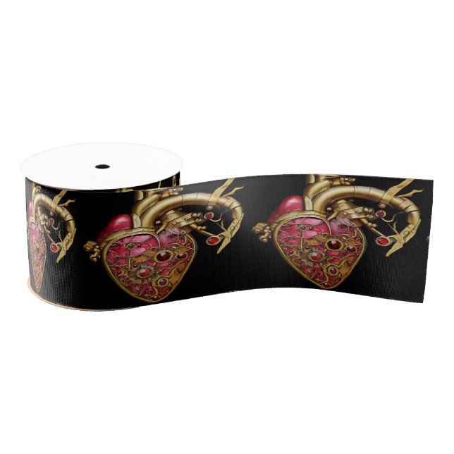 Steampunk Heart Anatomical Rubies and Gears Grosgrain Ribbon (Spool)