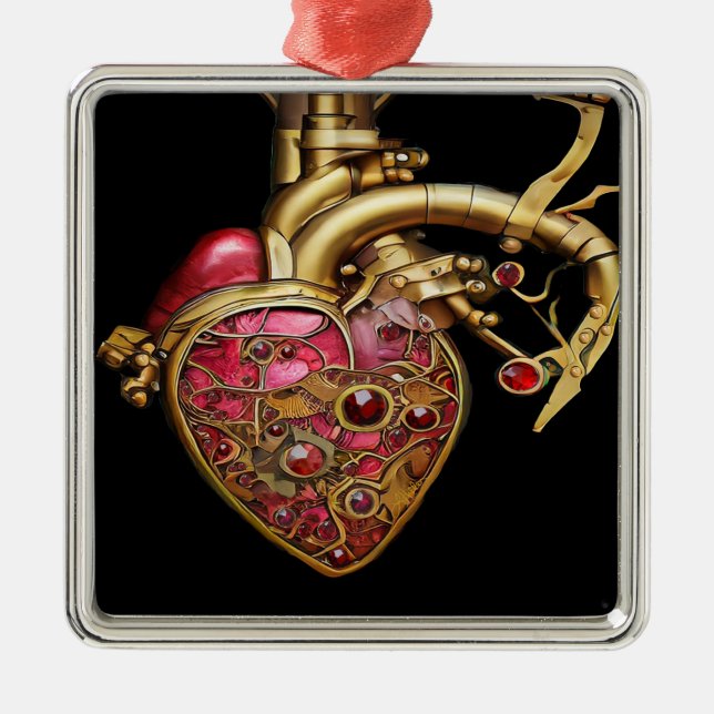 Steampunk Heart Anatomical Rubies and Gears Metal Ornament (Front)