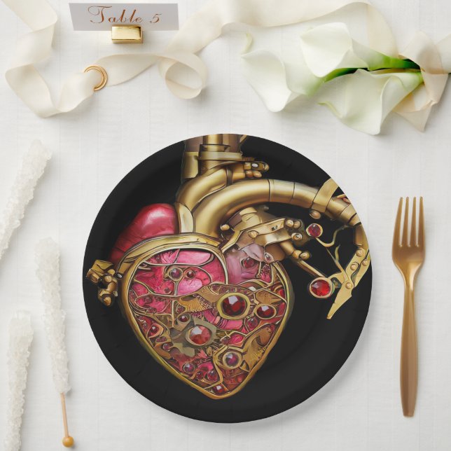 Steampunk Heart Anatomical Rubies and Gears Paper Plate (Wedding)