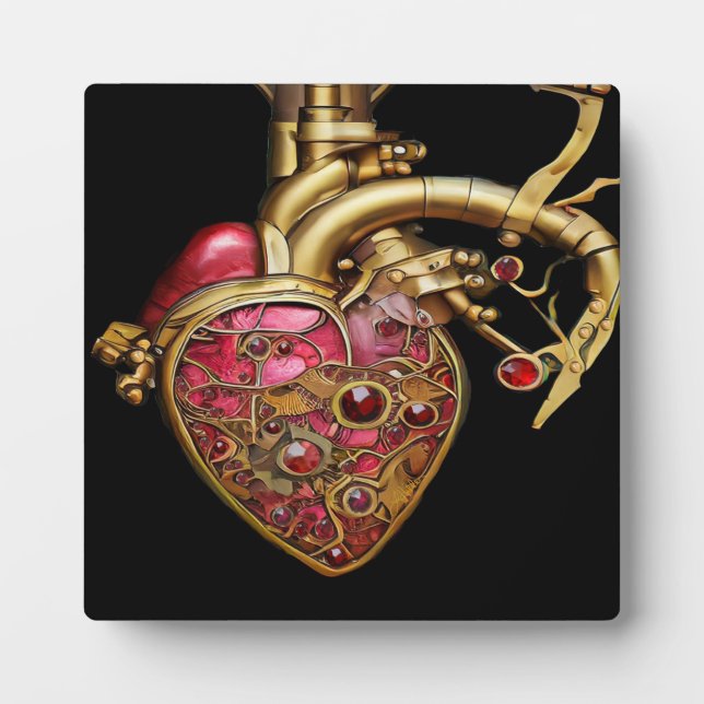 Steampunk Heart Anatomical Rubies and Gears Plaque (Front)
