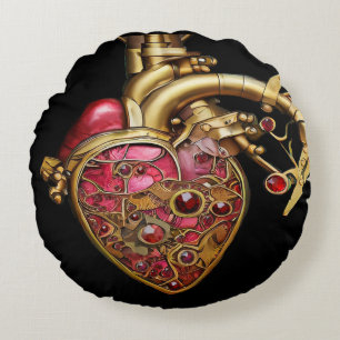 Steampunk Heart Anatomical Rubies and Gears Round Pillow