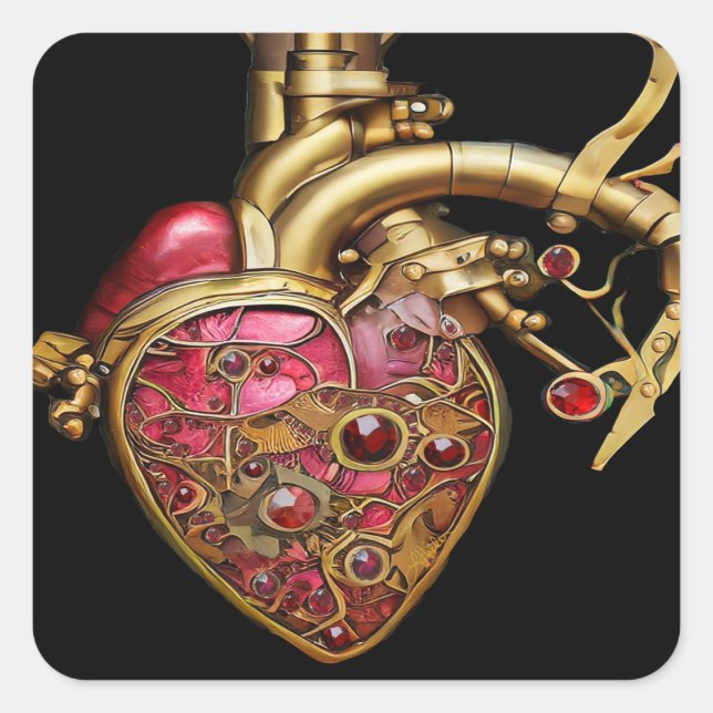 Steampunk Heart Anatomical Rubies and Gears Square Sticker (Front)