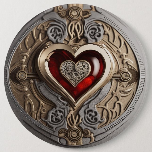  Steampunk Heart – Intricate Mechanical Love 6 Inch Round Button (Front)