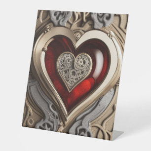 Steampunk Heart – Intricate Mechanical Love Pedestal Sign