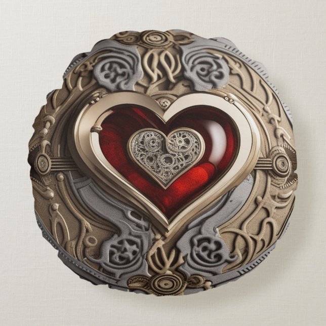 Steampunk Heart – Intricate Mechanical Love  Round Pillow (Front)