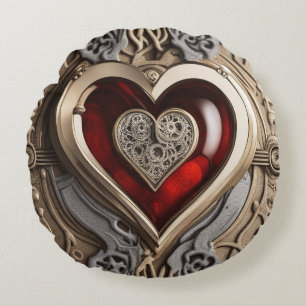 Steampunk Heart – Intricate Mechanical Love  Round Pillow