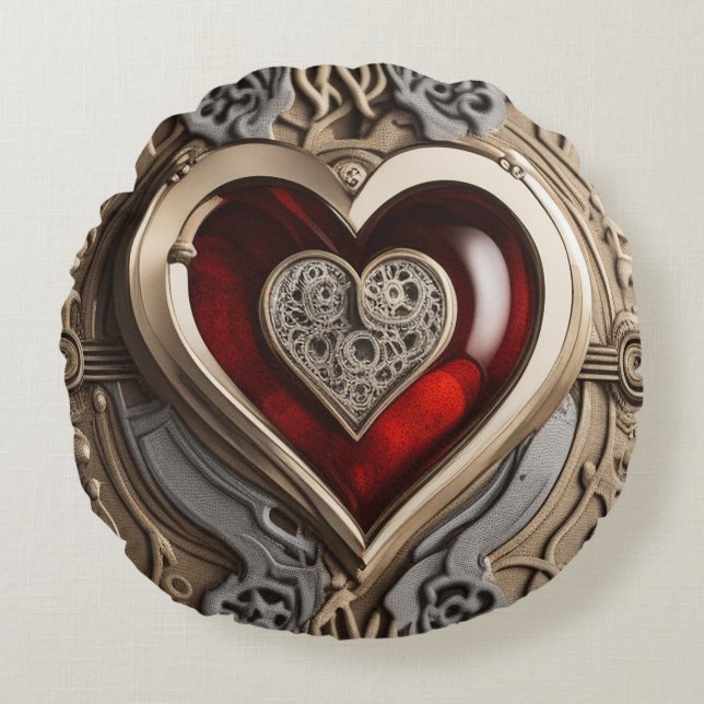 Steampunk Heart – Intricate Mechanical Love  Round Pillow (Front)