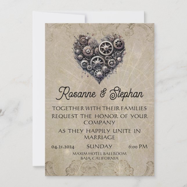 Steampunk Heart of Gears Wedding Invitation (Front)