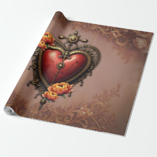 Steampunk Heart with Flowers Wrapping Paper