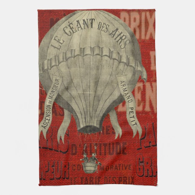 Steampunk Hot Air Ballon Ride Graphic Fonts in Red Kitchen Towel (Vertical)