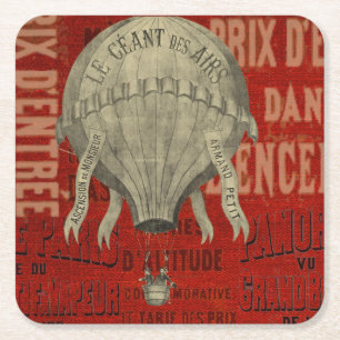 Steampunk Hot Air Ballon Ride Graphic Fonts in Red Square Paper Coaster