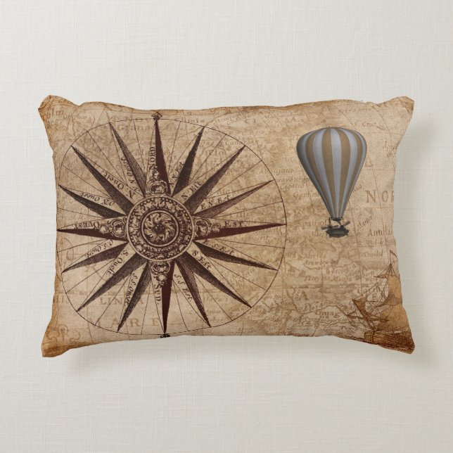 Steampunk Hot Air Balloon and Old Map Accent Pillow (Front)