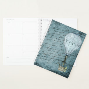Steampunk Hot Air Balloon Dusk Blue écriture manus