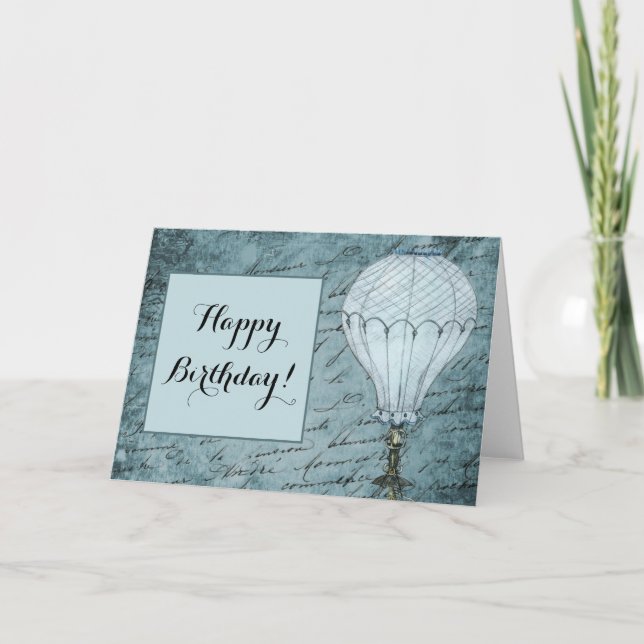 Steampunk Hot Air Balloon Dusk Blue Handwriting Card (Front)