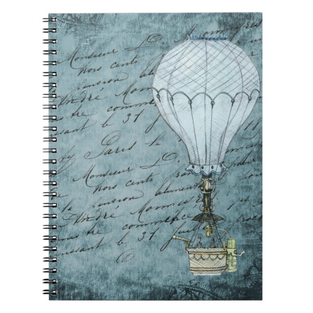 Steampunk Hot Air Balloon Dusk Blue Handwriting Notebook (Front)
