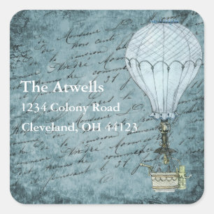 Steampunk Hot Air Balloon Dusk Blue Handwriting Square Sticker