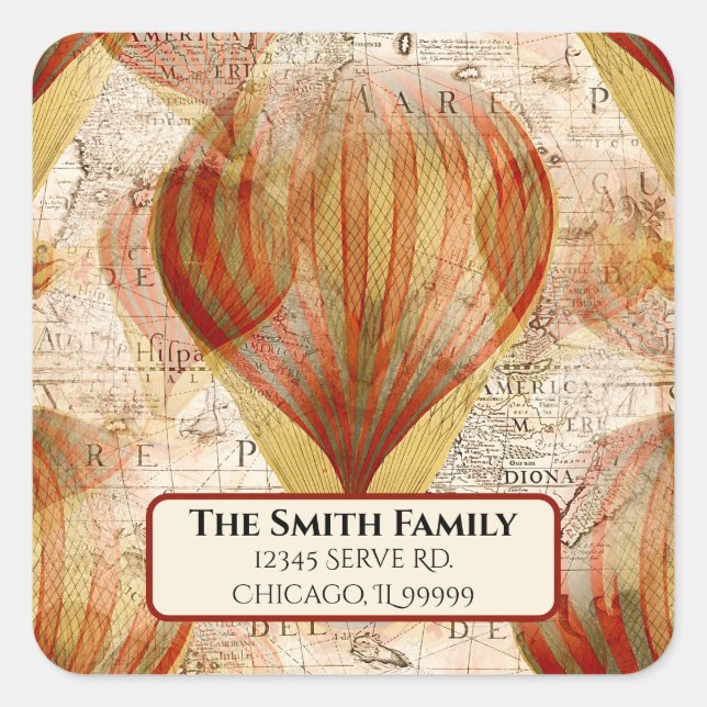 Steampunk Hot Air Balloons Map Return Address Square Sticker (Front)