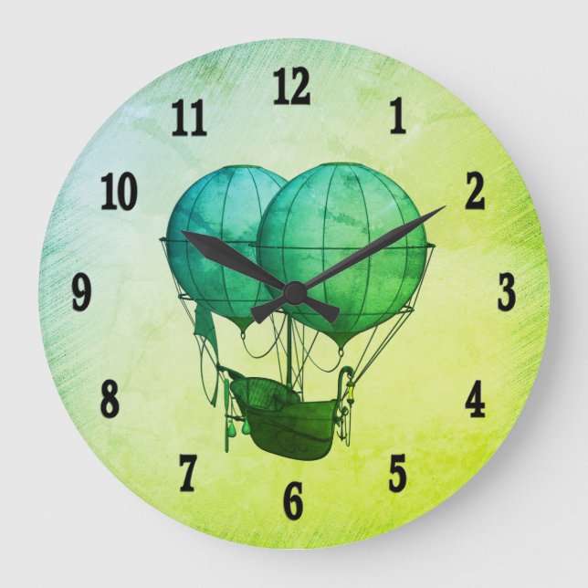 Steampunk Hot Air Balloons with Ship Green Large Clock (Front)