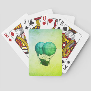 Steampunk Hot Air Balloons with Ship Green Playing Cards