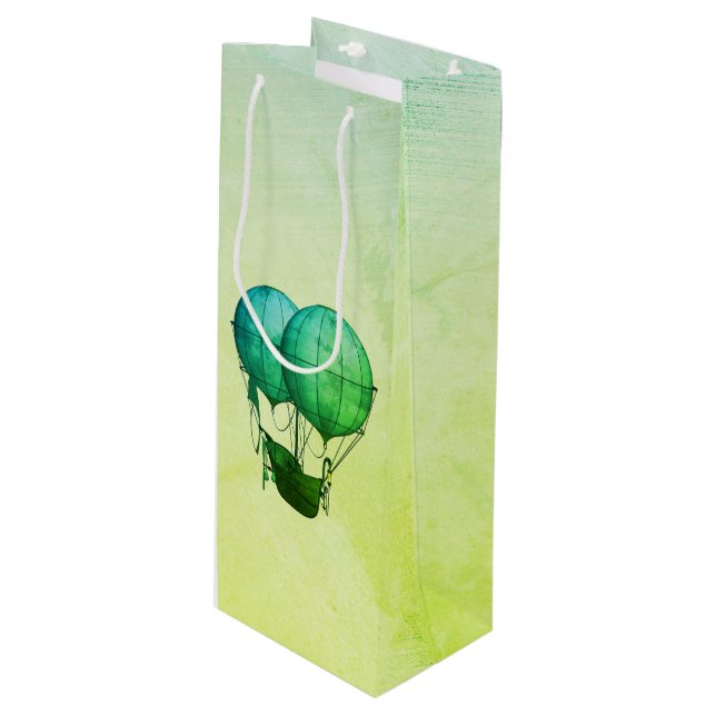 Steampunk Hot Air Balloons with Ship Green Wine Gift Bag (Front Angled)