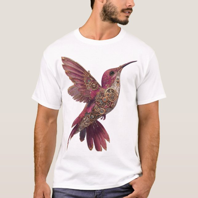 Steampunk Hummingbird — Magenta & Brass Clockwork  T-Shirt (Front)