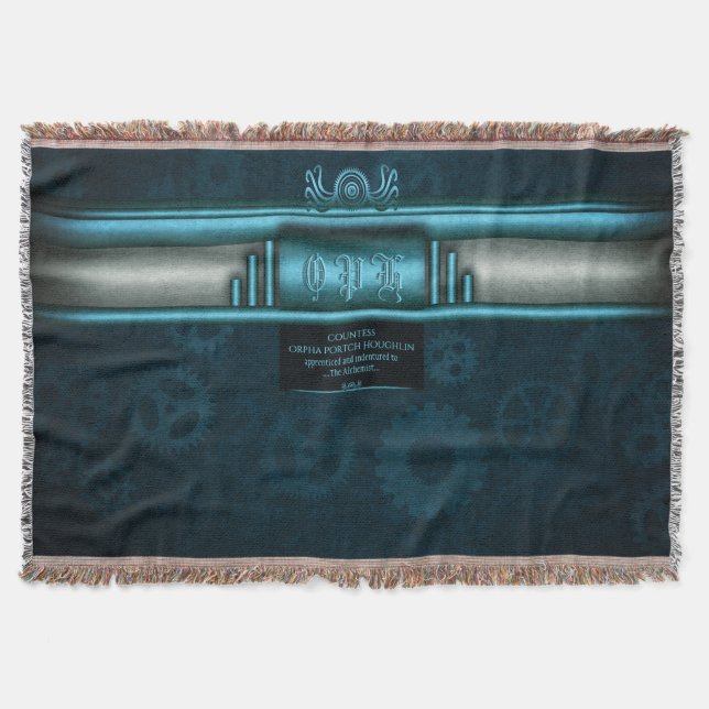 Steampunk, ice-blue and teal, octopus Monogram Throw Blanket (Front)