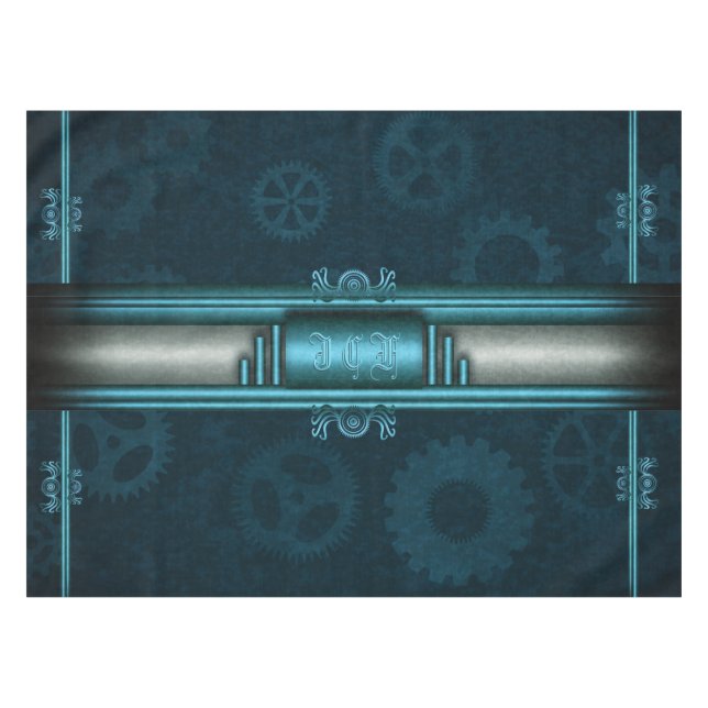 Steampunk, ice-blue on teal cogs, Monogram Tablecloth (Front (Horizontal))