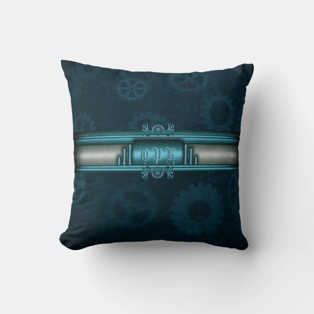 Steampunk, ice-blue on teal geers with Monogram Throw Pillow (Front)