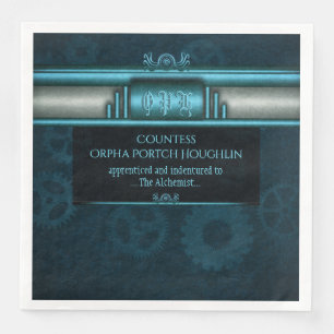 Steampunk, ice-blue on teal sprockets, Monogram Napkin