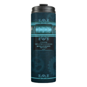 Steampunk, ice-blue on teal sprockets thermal tumbler