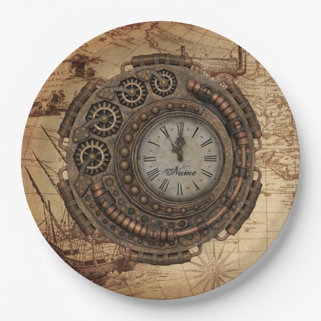 Steampunk Industrial Clock Machinery Vintage Map Paper Plate (Front)