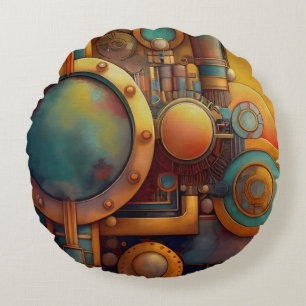 Steampunk Industrial Geometry Art Round Pillow