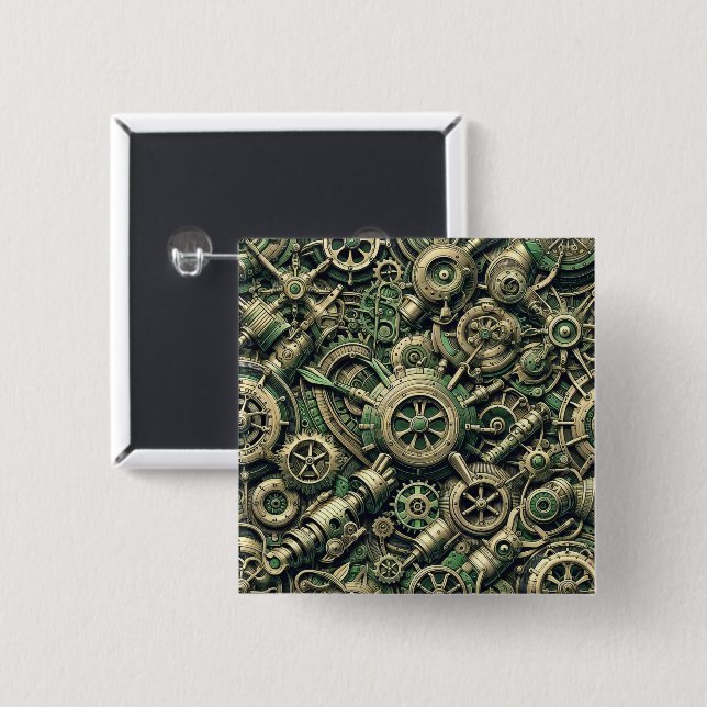 Steampunk Industrial Green Clockwork Gears 2 Inch Square Button (Front & Back)