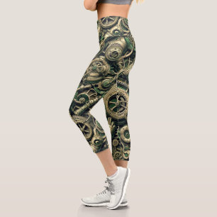 Steampunk Industrial Green Clockwork Gears Capri Leggings