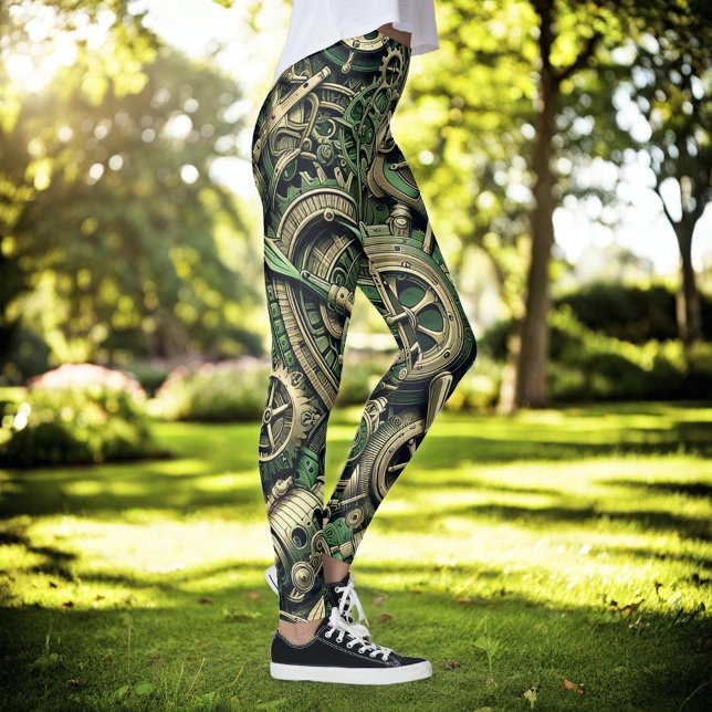 Steampunk Industrial Green Clockwork Gears Leggings (Creator Uploaded)