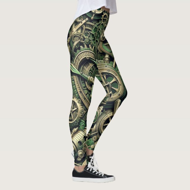 Steampunk Industrial Green Clockwork Gears Leggings (Right)