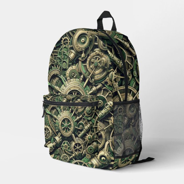 Steampunk Industrial Green Clockwork Gears Printed Backpack (Back Corner Right)