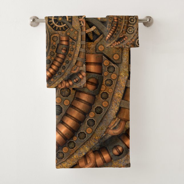 Steampunk Industrial Vintage Clockwork Bath Towel Set (Insitu)