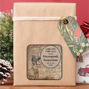 Steampunk Inventor Top Hat Personalized Event Square Sticker