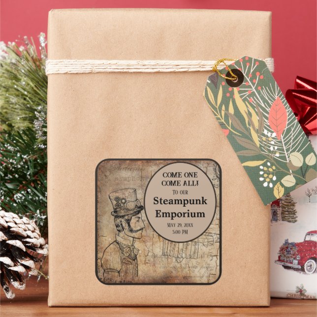 Steampunk Inventor Top Hat Personalized Event Square Sticker (Holiday)