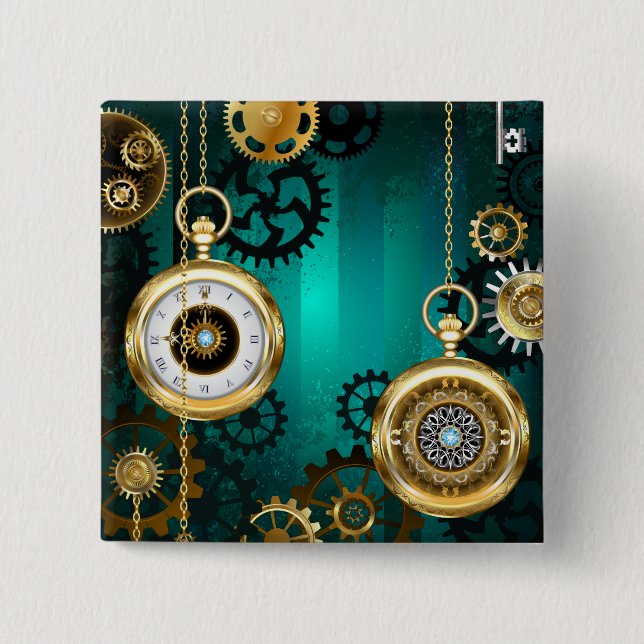 Steampunk Jewellery Watch on a Green Background 2 Inch Square Button (Front)
