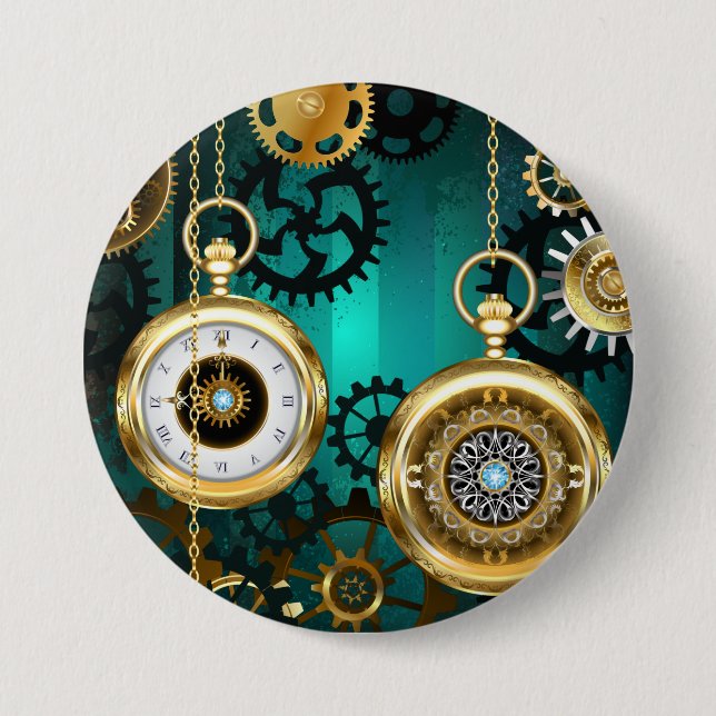 Steampunk Jewellery Watch on a Green Background 3 Inch Round Button (Front)