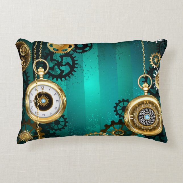 Steampunk Jewellery Watch on a Green Background Accent Pillow (Front)