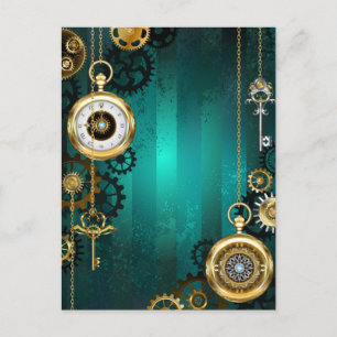 Steampunk Jewellery Watch on a Green Background Announcement Postcard