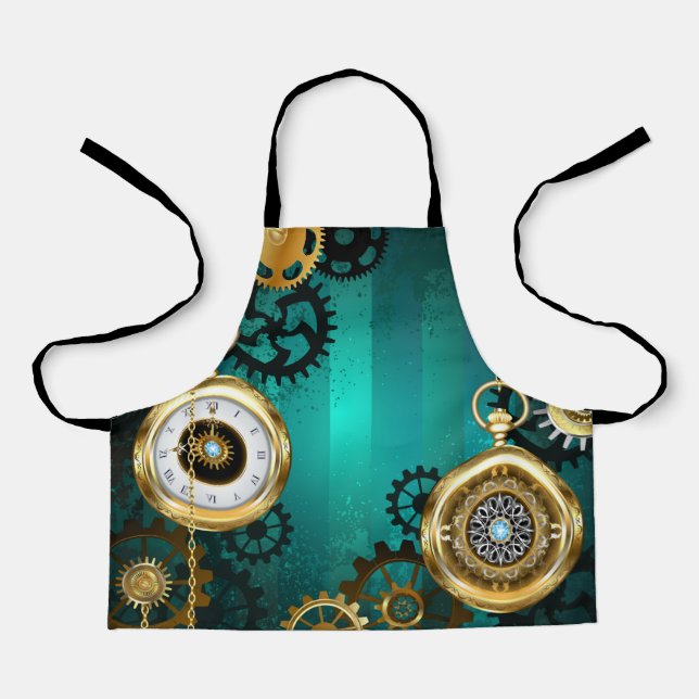 Steampunk Jewellery Watch on a Green Background Apron (Front)