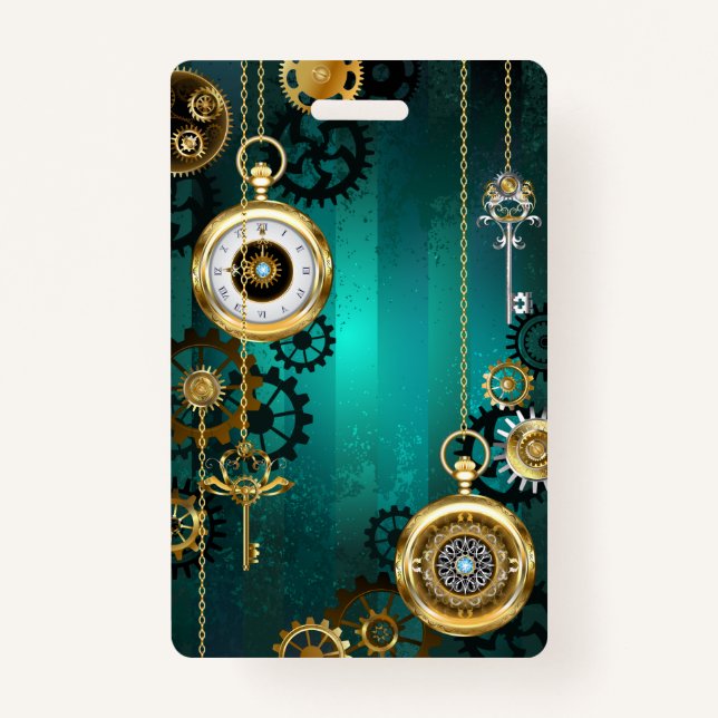 Steampunk Jewellery Watch on a Green Background Badge (Front)