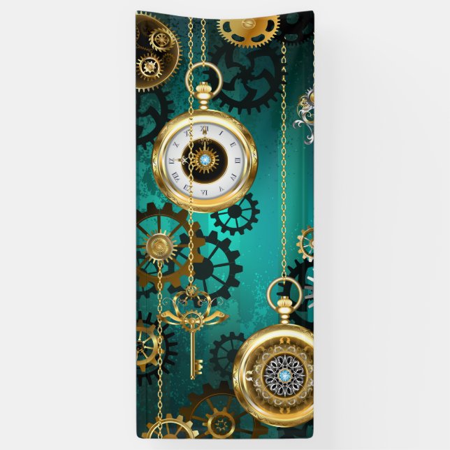 Steampunk Jewellery Watch on a Green Background Banner (Vertical)