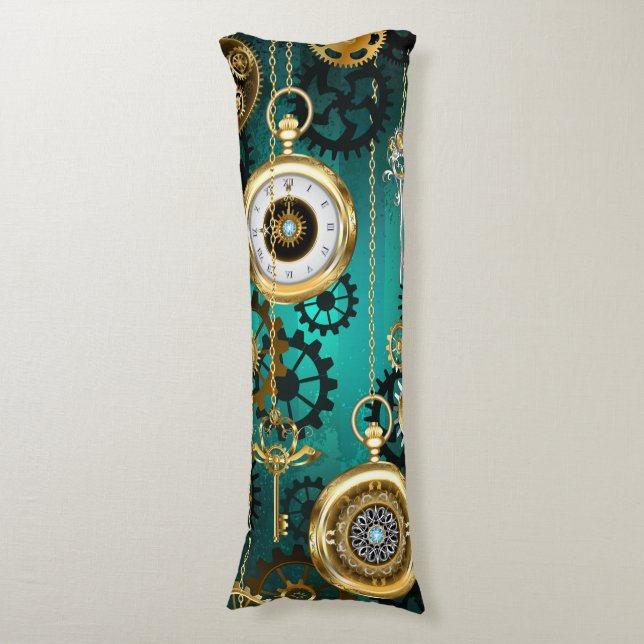 Steampunk Jewellery Watch on a Green Background Body Pillow (Front Vertical)